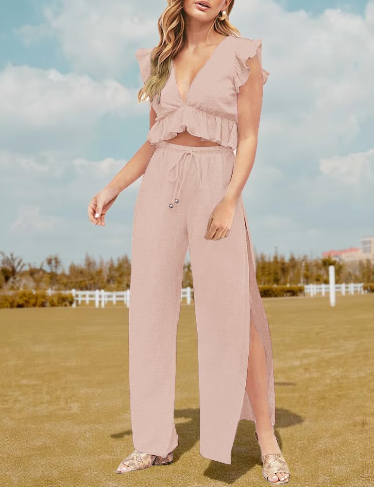 FANCYINN 2 Pieces Summer Outfits for Women Deep V Neck Crop Top Side Slit Drawstring Wide Leg Pants Sets Jumpsuits Pink L - Image 2
